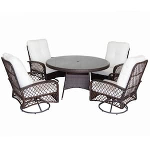 5-Piece Wicker Outdoor Dining Set with White Cushion, 53.1 in. Round Table - Swivel Chair