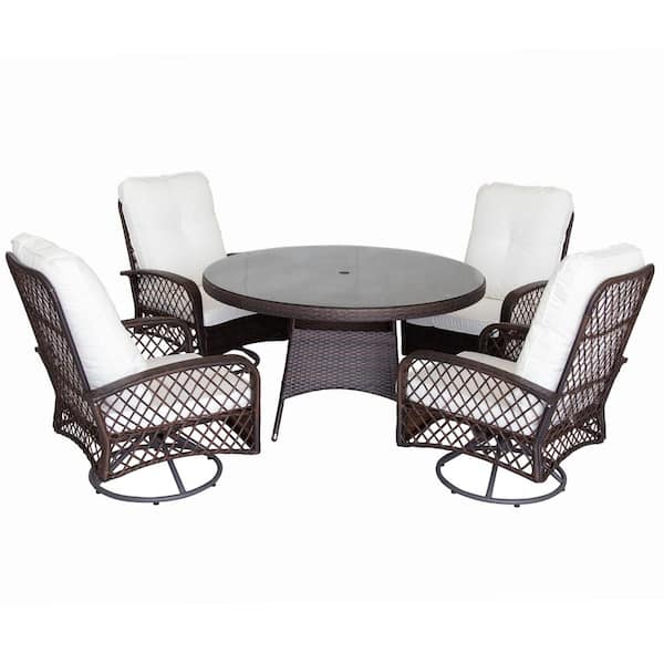 PATIOPTION 5-Piece Wicker Outdoor Dining Set with White Cushion, 53.1 in. Round Table - Swivel Chair