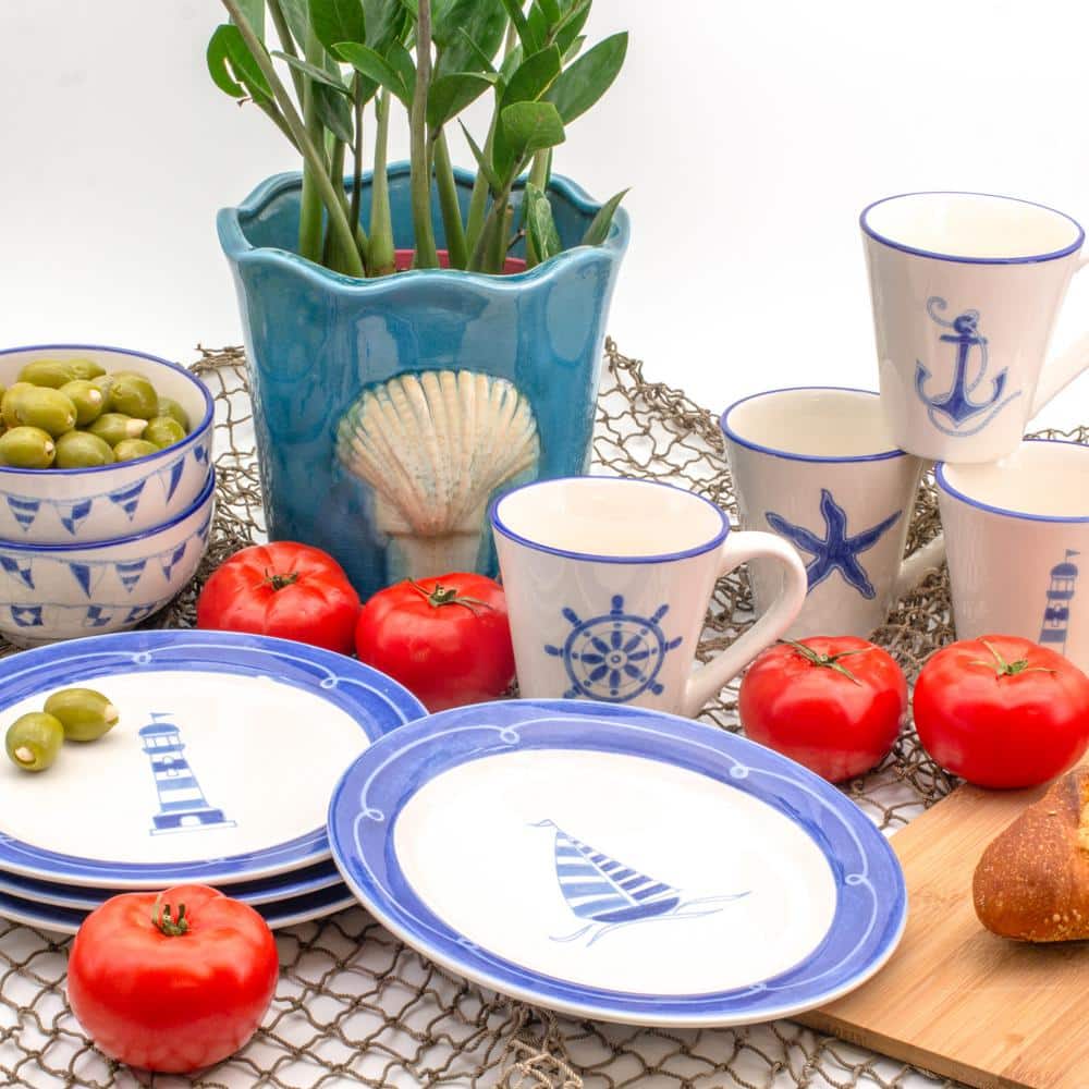 Nautical Blue and White Ceramic Salad Plates Set