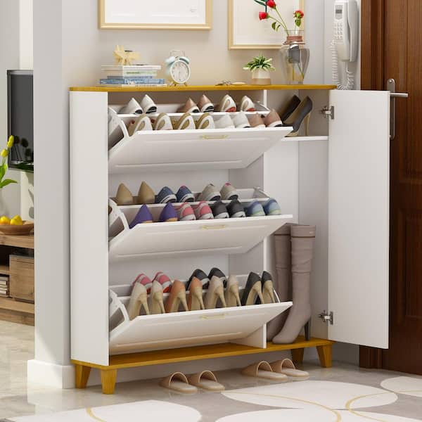 Wood Shoe Storage Cabinet 4-Fixed Shelves 2-Hinged Doors Solid Wood-Handles 