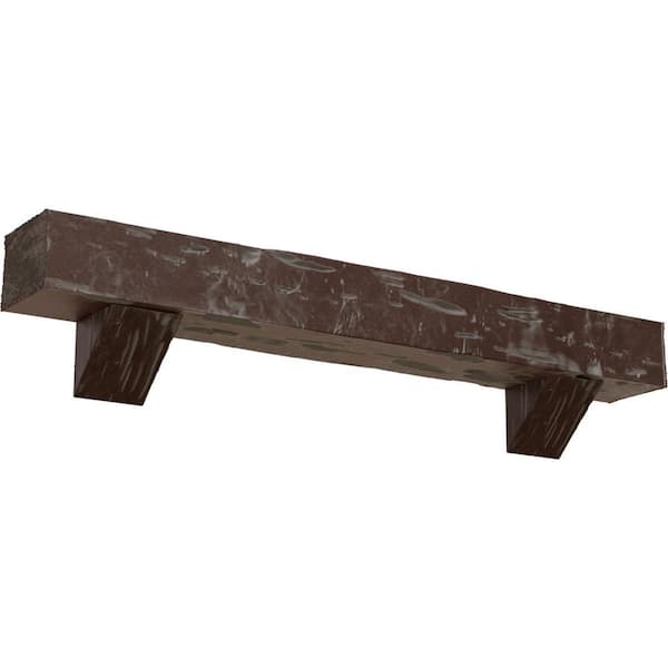 Ekena Millwork 6 in. x 10 in. x 4 ft. Pecky Cypress Faux Wood Fireplace Mantel Kit with Breckinridge Corbels, Aged Pecan
