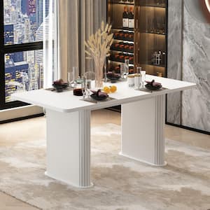 White Wood 63 in. Width Rectangle Double Pedestal Dining Table Kitchen Bar Table, for 4-6