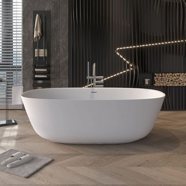 Moray 67 in. x 33.5 in. Solid Surface Stone Resin Freestanding Flat Bottom Soaking Bathtub in Matte White