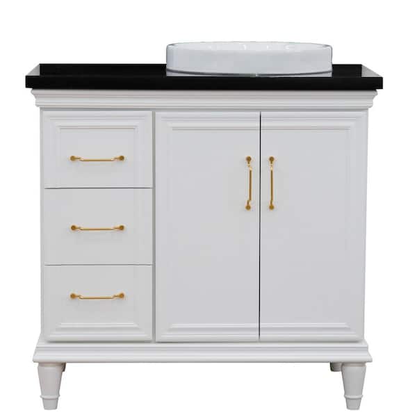 Bellaterra Home 37 in. W x 22 in. D Single Bath Vanity in White with Granite Vanity Top in Black with Right White Round Basin