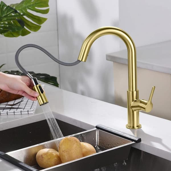 13.38 in. Single-Handle Pull-Down Sprayer Kitchen Faucet with Dual Function Sprayhead in Brushed Gold