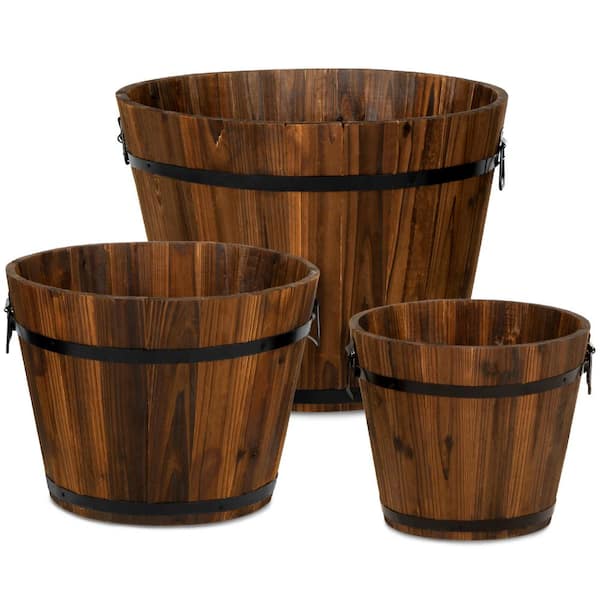 Best Choice Products Rustic Wood Bucket Planter Set with Drainage Holes (3-Pack)