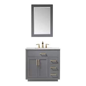 Ivy 36 in. Single Bathroom Vanity Set in Gray and Carrara White Marble Countertop with Mirror