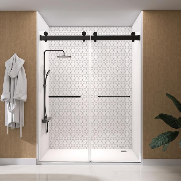 NTQ 60 in. W x 79 in. H Soft-Close Frameless Double Sliding Alcove Glass Shower Door in Matte Black 3/8 in. Tempered Glass