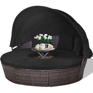 Brown 1-Piece Rattan Wicker Outdoor Patio Day Bed with Black Cushions