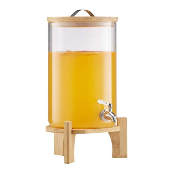 Glass 2.2 Gal. Beverage Dispenser for Parties, with Wood Stand, Stainless Steel Spigot, Iced Tea, Lemonade, Juice, Water