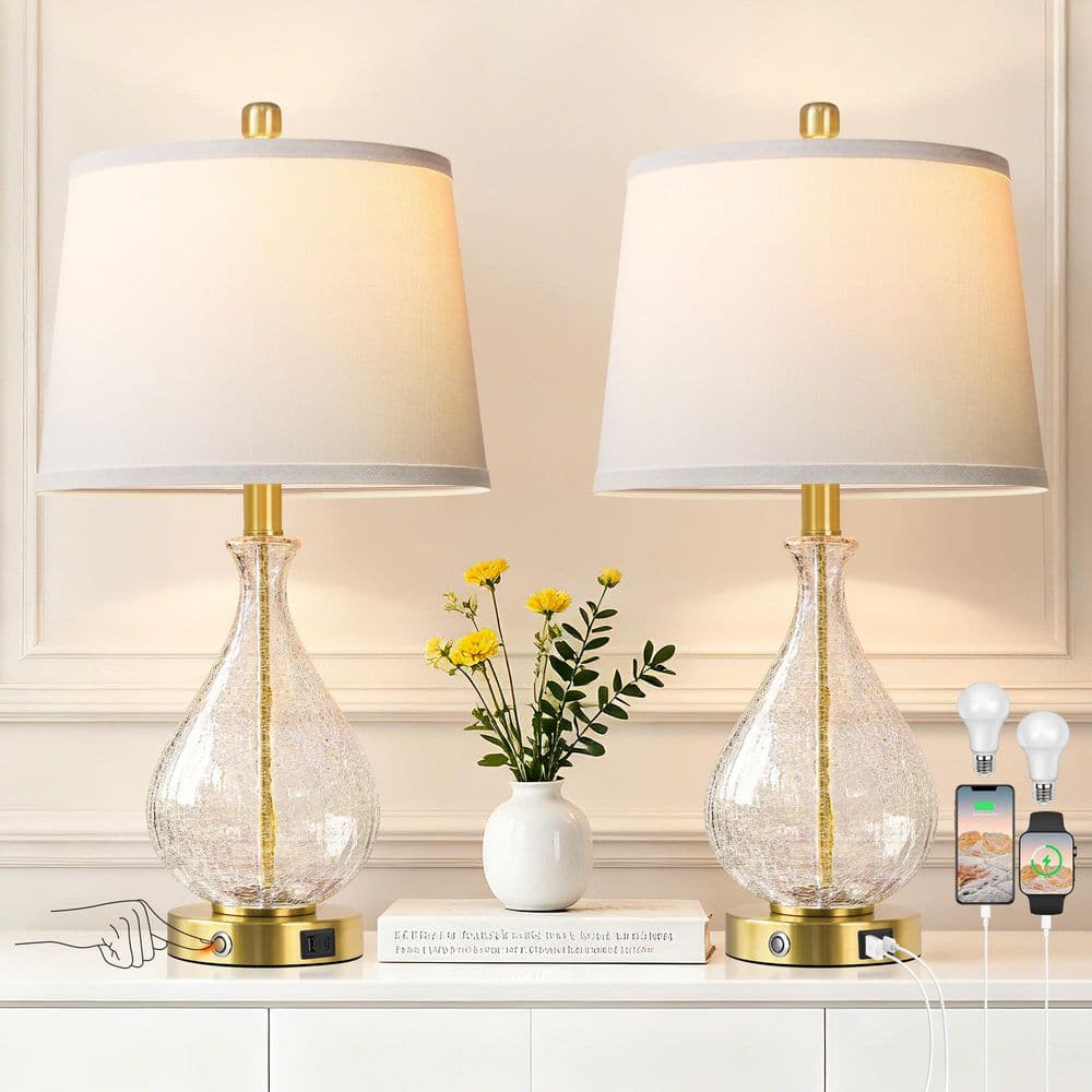 22.5 in. Modern Clear Glass Table Lamps Set of 2 with USB A+C, 3 Way Dimmable Touch Lamps, Gold base price history on PriceWatchPro