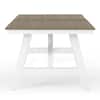 Outdoor dining table viewed from above with wood-look top and white legs.