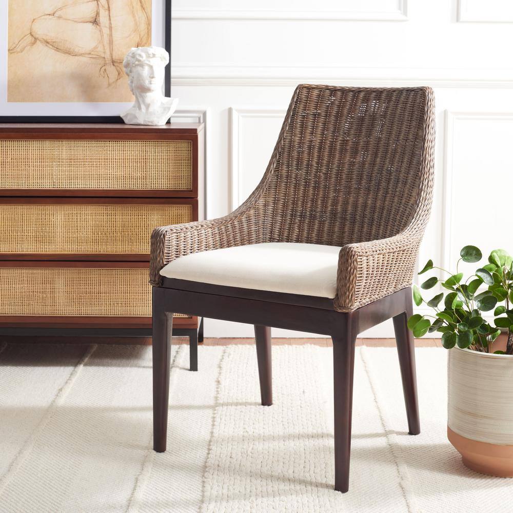 Zen Coastal Cream Woven Accent Chair with Mahogany Legs