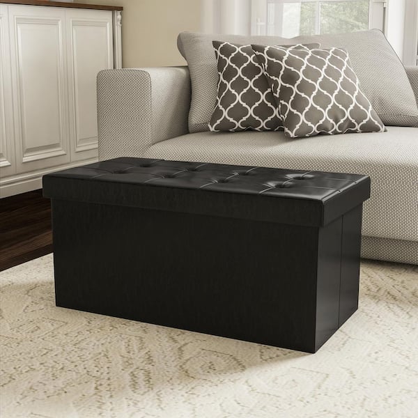 Home Complete Black Faux Leather, Faux Leather Ottoman Storage Bench
