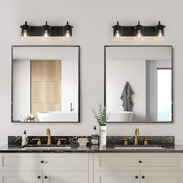 Modern 21.7 in. 3-Light Black Bath Vanity Light with Classic Clear Glass Shades Powder Room Wall Sconce, LED Compatible
