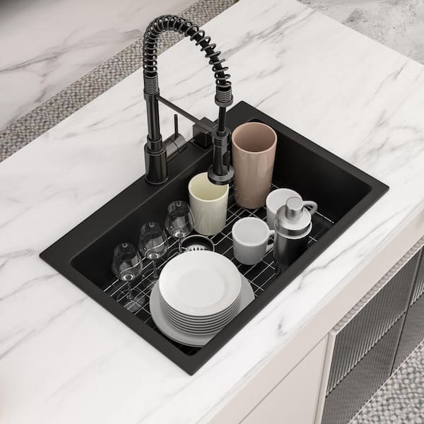 33 in. Drop-In Topmount Sink Single Bowl Matte Black Quartz/Granite Composite Kitchen Sink with Bottom Grid