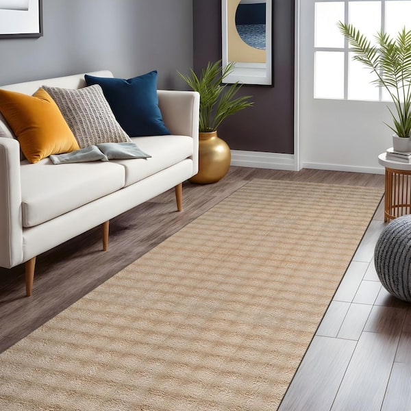 Aurora 2 ft. x 7 ft. Beige Non-Slip Rubber Back Washable Polyester Checker Indoor Runner Rug