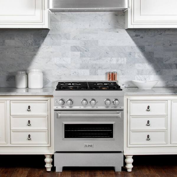 30 in. Legacy Dual Fuel Range with Gas Cooktop and Electric Oven in Satin Stainless Steel with 4 Brass Burners