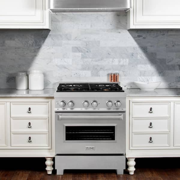30 in. Legacy Dual Fuel Range with Gas Cooktop and Electric Oven in Satin Stainless Steel with 4 Brass Burners