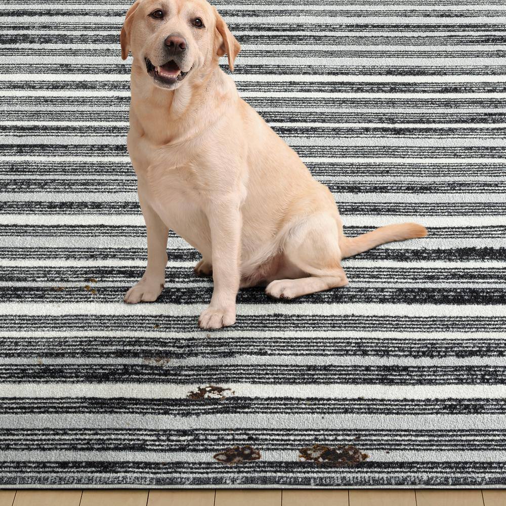 Everwash Light Grey/Charcoal Grey Striped Washable Area Rug, 6'6" x 9'2"