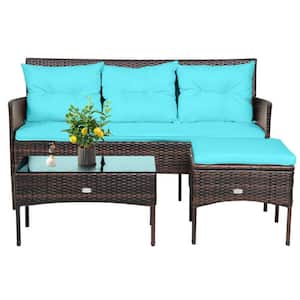 3-Piece Wicker Outdoor Patio Conversation Set Furniture Sectional Set with CushionGuard Turquoise Back Cushions