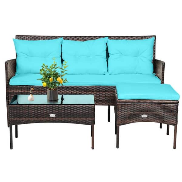 Clihome 3-Piece Wicker Outdoor Patio Conversation Set Furniture Sectional Set with CushionGuard Turquoise Back Cushions