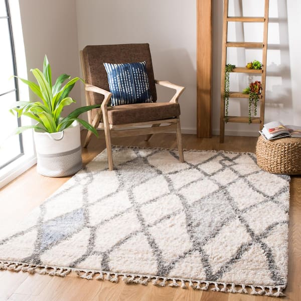 Berber Fringe Shag Cream/Blue 7 ft. x 7 ft. Square Diamond Geometric Abstract Area Rug