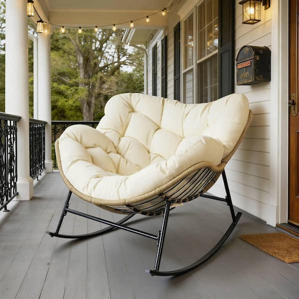 Unbranded Oversized PE Wicker Outdoor Rocking Chair Papasan Lounge Chair with Beige 5.1 in. Thick Cushion