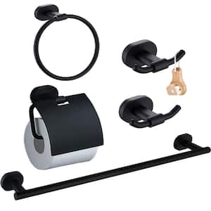 5-Piece Bath Hardware Set in Matte Black with Towel Ring Toilet Paper Holder Towel Hook and 24 in. Towel Bar