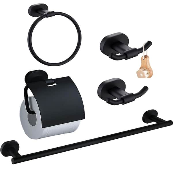 ruiling 5-Piece Bath Hardware Set in Matte Black with Towel Ring Toilet Paper Holder Towel Hook and 24 in. Towel Bar