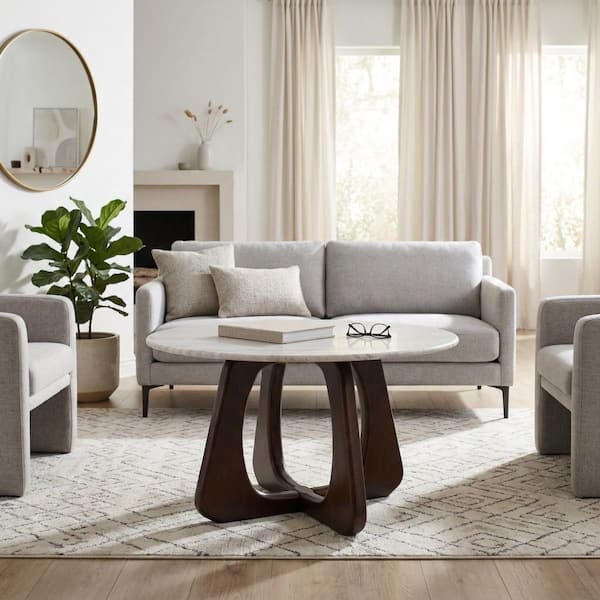 30 in. x 17 in. Brown Round Marble Top Coffee Table with Openwork Base
