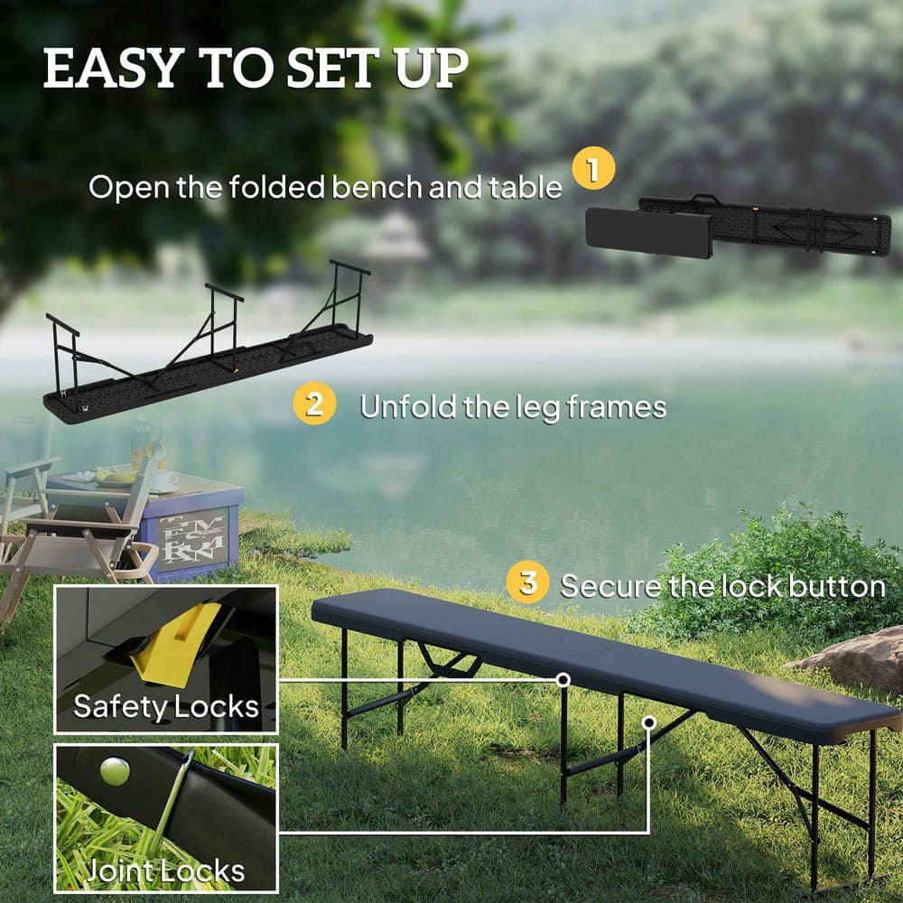 Black 6 ft Folding Portable Benches with HDPE and Powder-Coated Frames