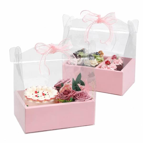 Clear 4-Inch Cake and Flower Gift Box with Handle and Ribbon for Wedding and Birthday (10-Pack, Pink)