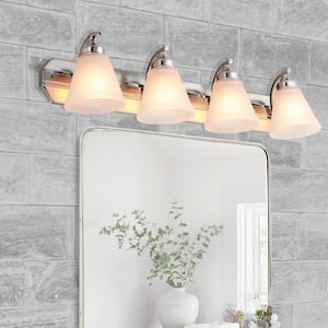 30 in. 4-Light Brushed Nickel Bath Vanity Light Fixture with Bell Shape Frosted Glass Shade