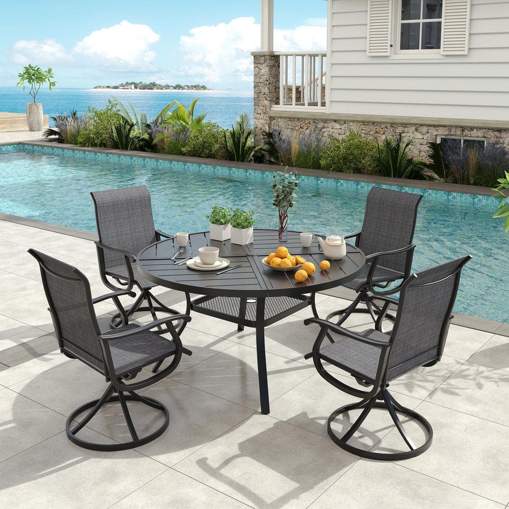 5-Piece All-Weather Metal Outdoor Patio Dining Set with 40.6 in. Black Round Table and 4 Dark Gray Swivel Chairs price history on PriceWatchPro