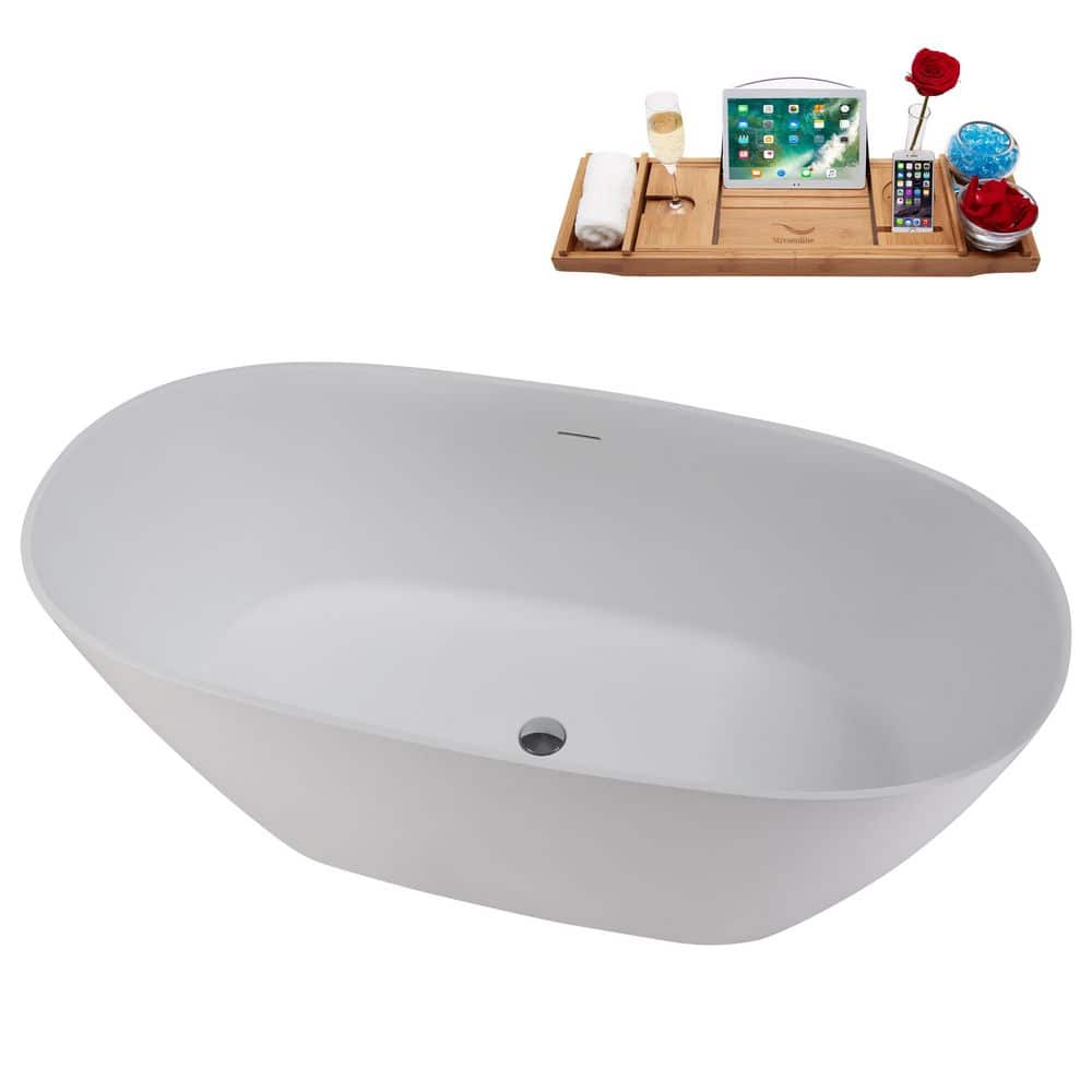 67" Matte White Stone Resin Freestanding Soaking Tub with Chrome Drain