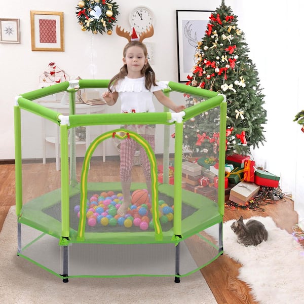 Tunearary 55 in. Outdoor Park Green Kids Mini Trampoline with Safety Enclosure and Ocean Balls