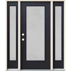 60 in. x 80 in. Right-Hand Full Lite Micro-Granite Frosted Glass Black Steel Prehung Front Door with Sidelites