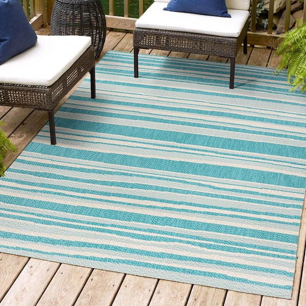 Castara Wavy Stripe Modern Aqua/Cream 5 ft. x 8 ft. Indoor/Outdoor Area Rug