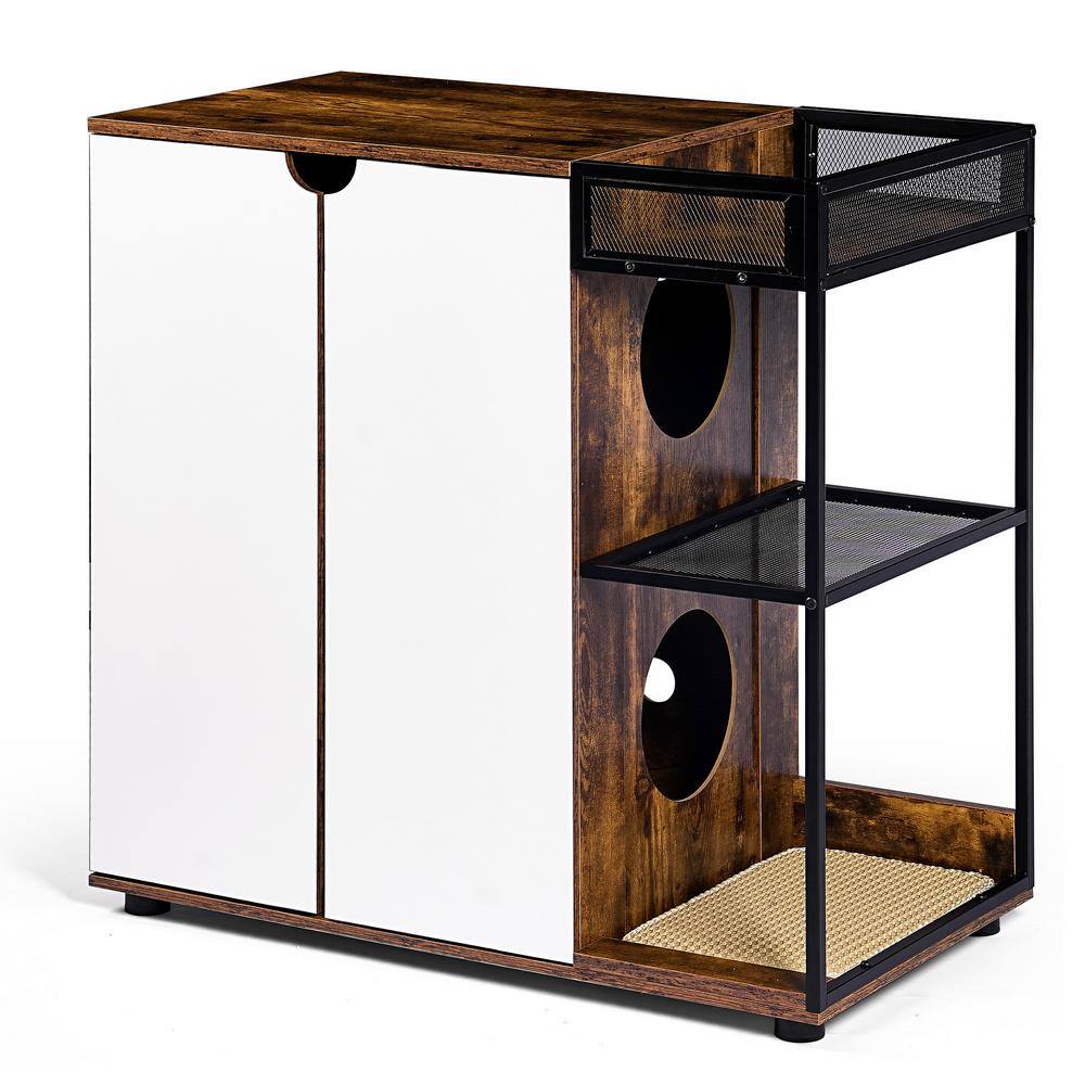 Rustic Brown and White Dual Cat Litter Box Enclosure Cabinet