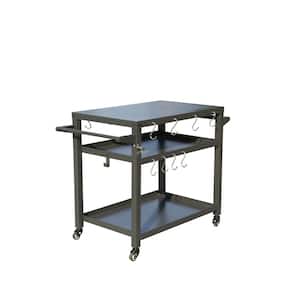 Grey 3-Shelf Outdoor Grill Cart with Wheels, Food Prep Table with Stainless Steel Top and Propane Tank Hook for BBQ