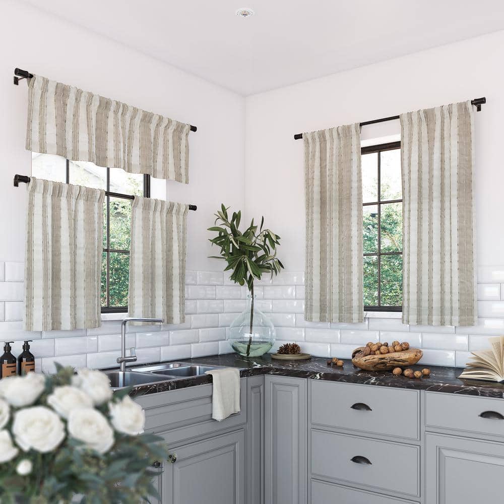 Linen and White Cotton Sheer Kitchen Curtain Tier Pair
