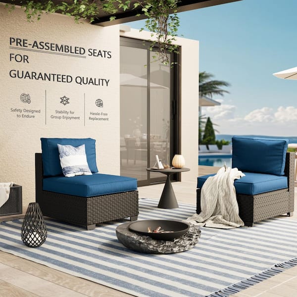 2-Piece Wicker Rattan Outdoor Patio Conversation Sectional Seating Set with Coffee Tables, Blue Cushion (2-Seats)