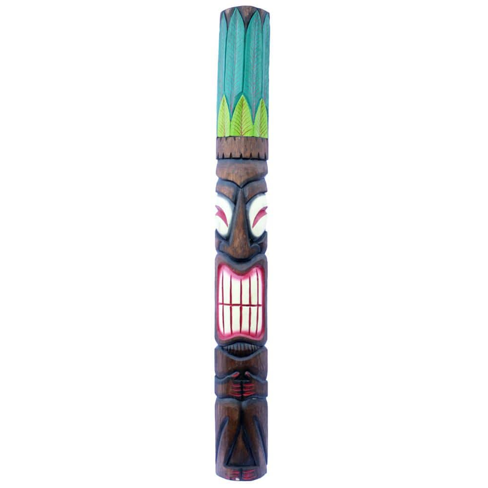 60" Brown and Green Hand-Carved Wooden Tiki Mask