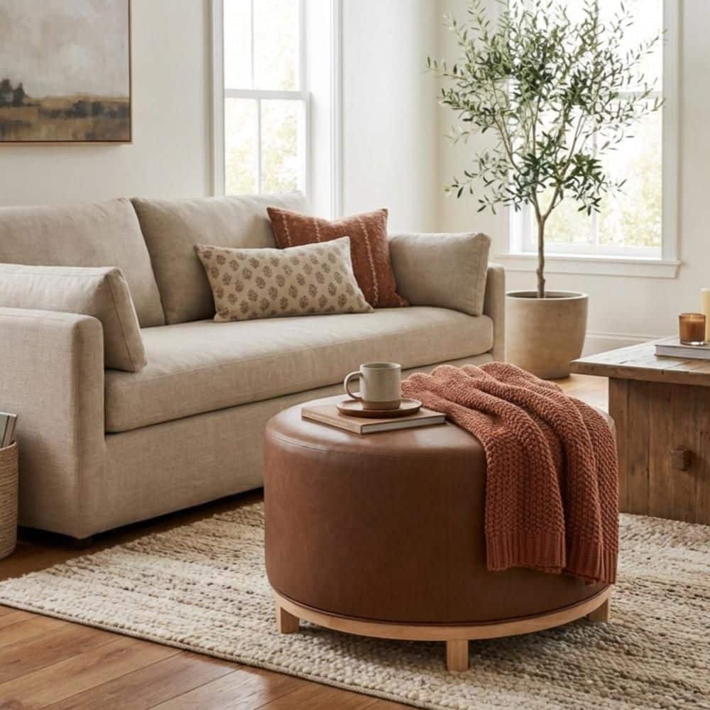Haven Chestnut Brown Faux Leather Round Decorative Accent Ottoman with Wood Base price history on PriceWatchPro