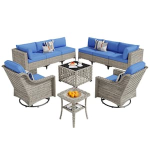 Thor 10-Piece Wicker Patio Conversation Seating Sofa Set with Blue Cushions and Swivel Rocking Chairs