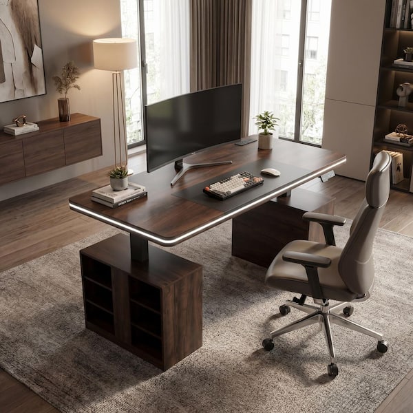 FUFU&GAGA 63 in. Rectangular Brown Engineered Wood 0-Drawer Gaming