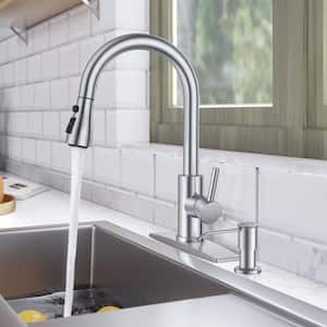 Single Handle Pull Down Sprayer Kitchen Faucet Gooseneck Kitchen Sink Faucet with Soap Dispenser in Brushed Nickel