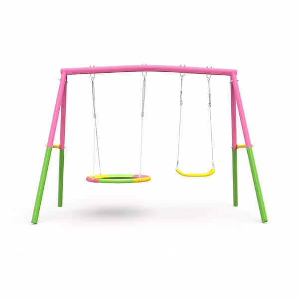 Metal Heavy-Duty Patio Swing Set for Backyard, A-Frame Metal Outdoor Swing Stand with 32" Saucer Swing & Belt Swing Seat
