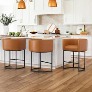 26 in. Yellowish Brown and Black Low Back Bar Stool with Metal Frame Counter Height Faux Leather Counter Stool(Set of 3)